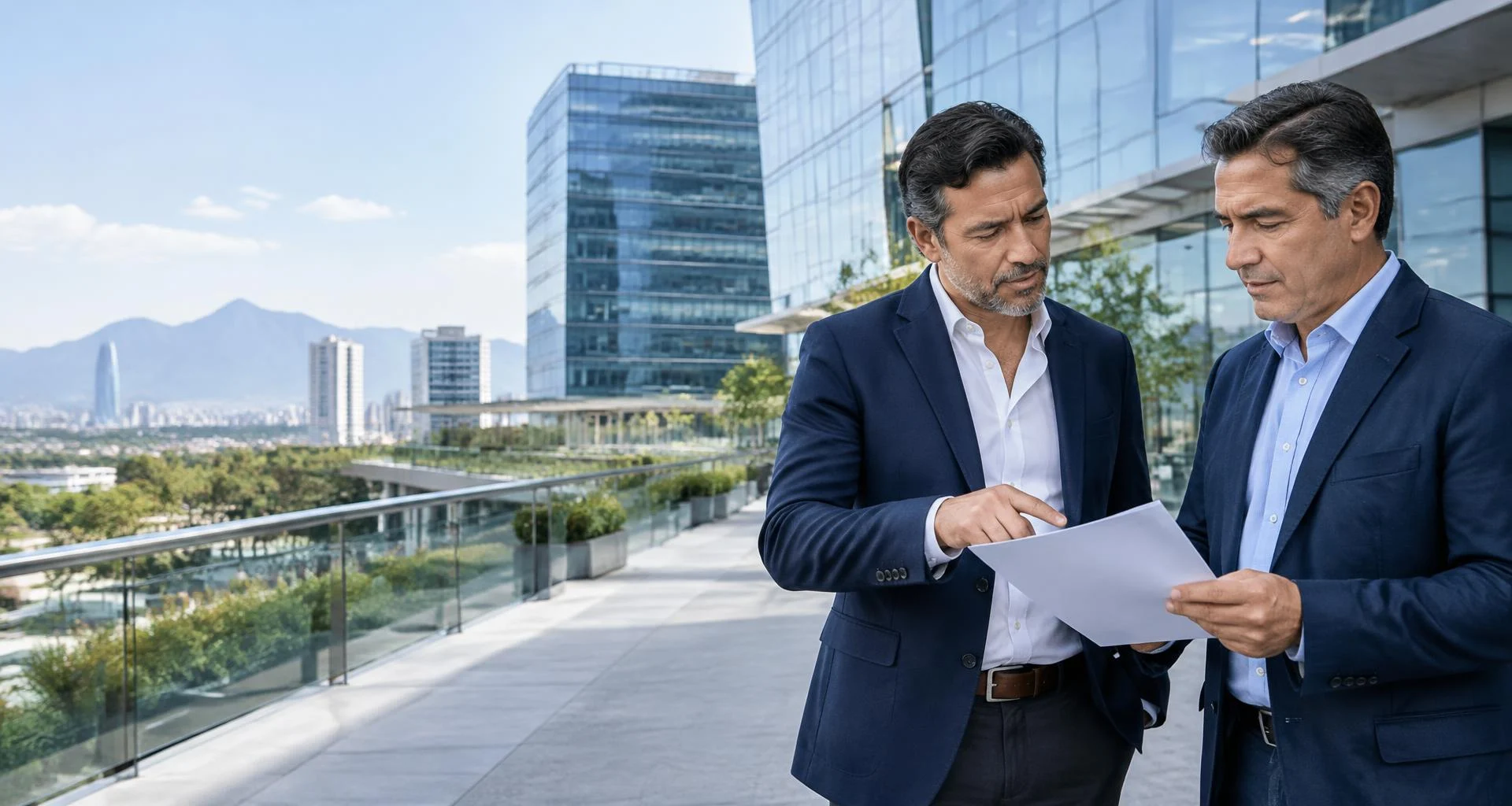 Dos empresarios mexicanos revisan documentos frente a edificios corporativos